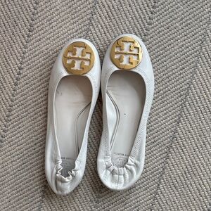 Tory Burch White Flats with Gold Logo